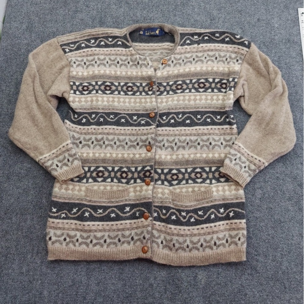 Vtg Tulchan Wool Sweater Womens Large Brown Gray Textured Cardigan Pockets‎